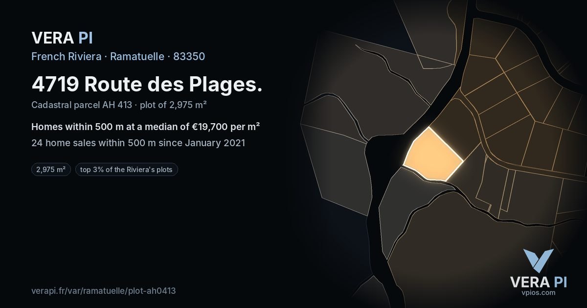 4719 Route des Plages, Ramatuelle at night – the plot lit, the parcels around coloured by the prices near them