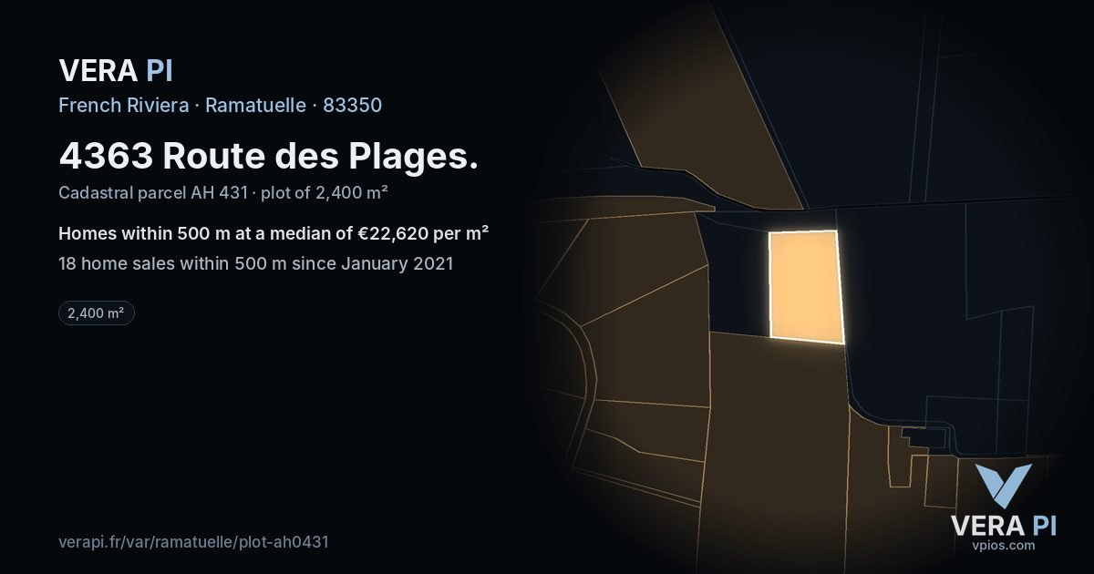 4363 Route des Plages, Ramatuelle at night – the plot lit, the parcels around coloured by the prices near them