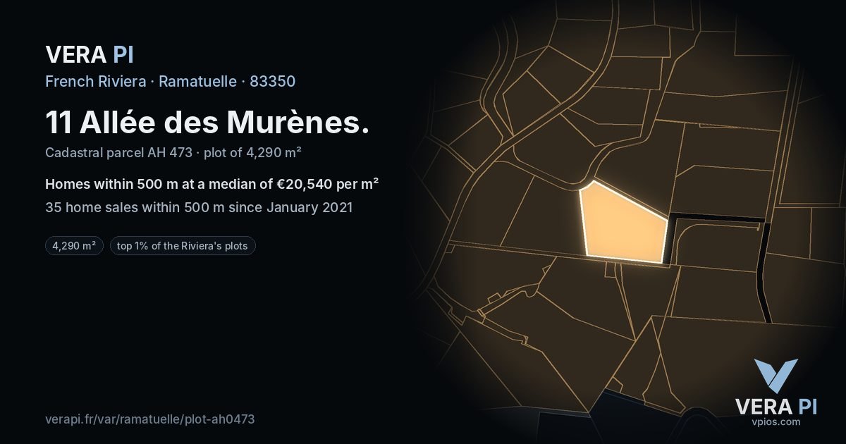 11 Allée des Murènes, Ramatuelle at night – the plot lit, the parcels around coloured by the prices near them