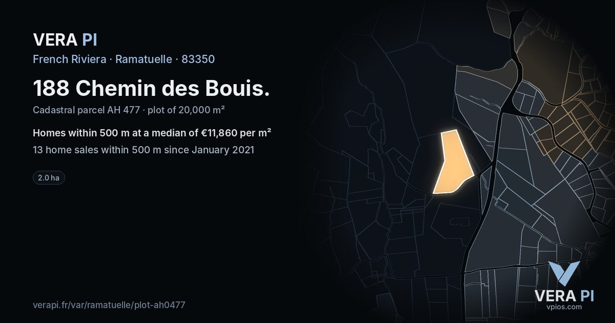 188 Chemin des Bouis, Ramatuelle at night – the plot lit, the parcels around coloured by the prices near them