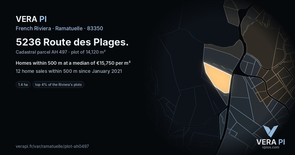 5236 Route des Plages, Ramatuelle at night – the plot lit, the parcels around coloured by the prices near them