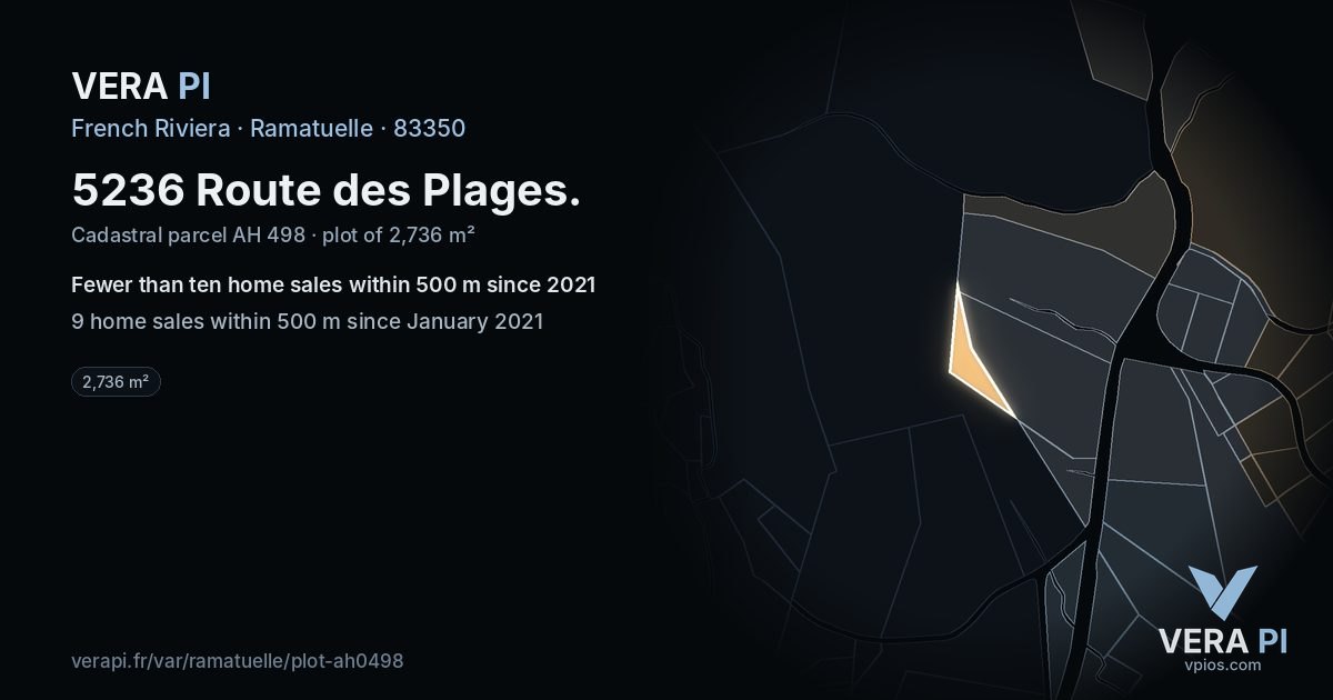 5236 Route des Plages, Ramatuelle at night – the plot lit, the parcels around coloured by the prices near them