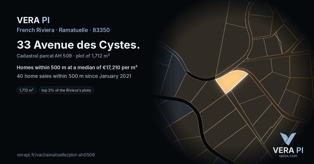 33 Avenue des Cystes, Ramatuelle at night – the plot lit, the parcels around coloured by the prices near them