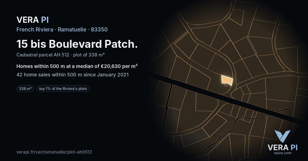 15 bis Boulevard Patch, Ramatuelle at night – the plot lit, the parcels around coloured by the prices near them