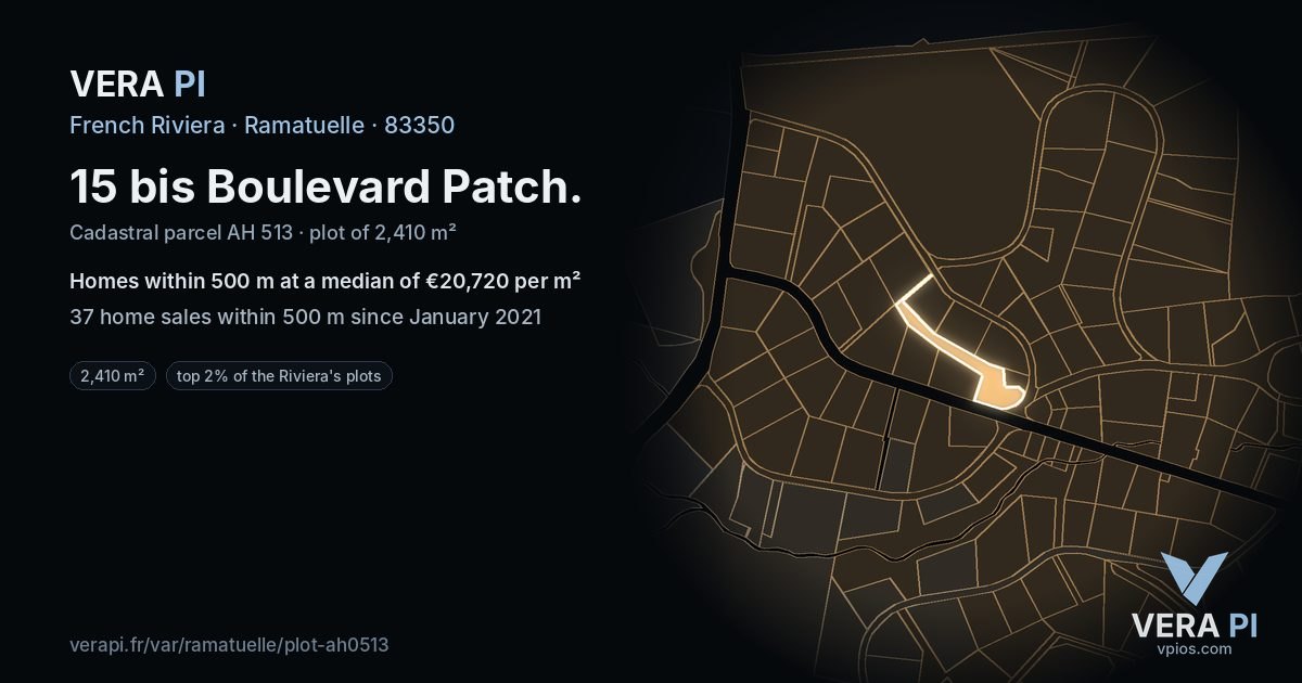 15 bis Boulevard Patch, Ramatuelle at night – the plot lit, the parcels around coloured by the prices near them