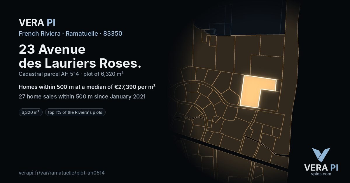 23 Avenue des Lauriers Roses, Ramatuelle at night – the plot lit, the parcels around coloured by the prices near them