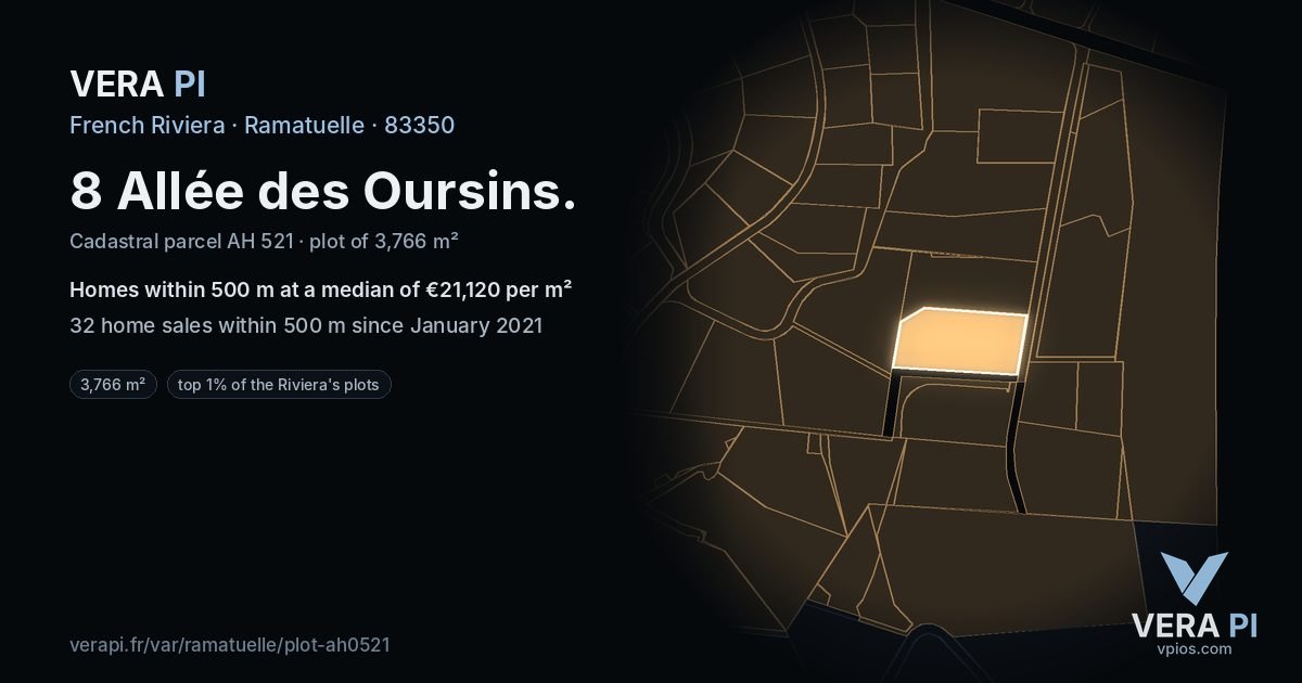 8 Allée des Oursins, Ramatuelle at night – the plot lit, the parcels around coloured by the prices near them