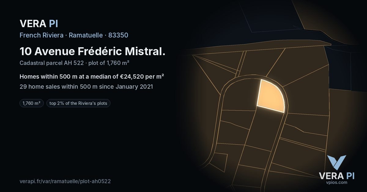 10 Avenue Frédéric Mistral, Ramatuelle at night – the plot lit, the parcels around coloured by the prices near them