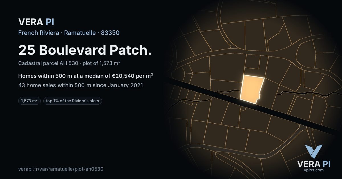 25 Boulevard Patch, Ramatuelle at night – the plot lit, the parcels around coloured by the prices near them