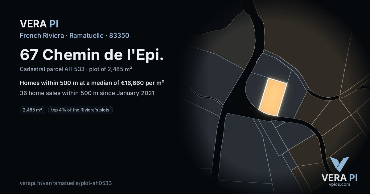 67 Chemin de l'Epi, Ramatuelle at night – the plot lit, the parcels around coloured by the prices near them