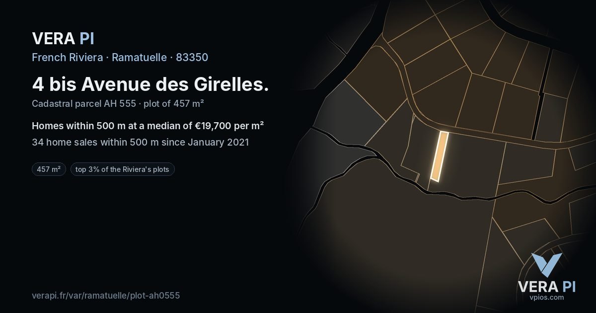 4 bis Avenue des Girelles, Ramatuelle at night – the plot lit, the parcels around coloured by the prices near them