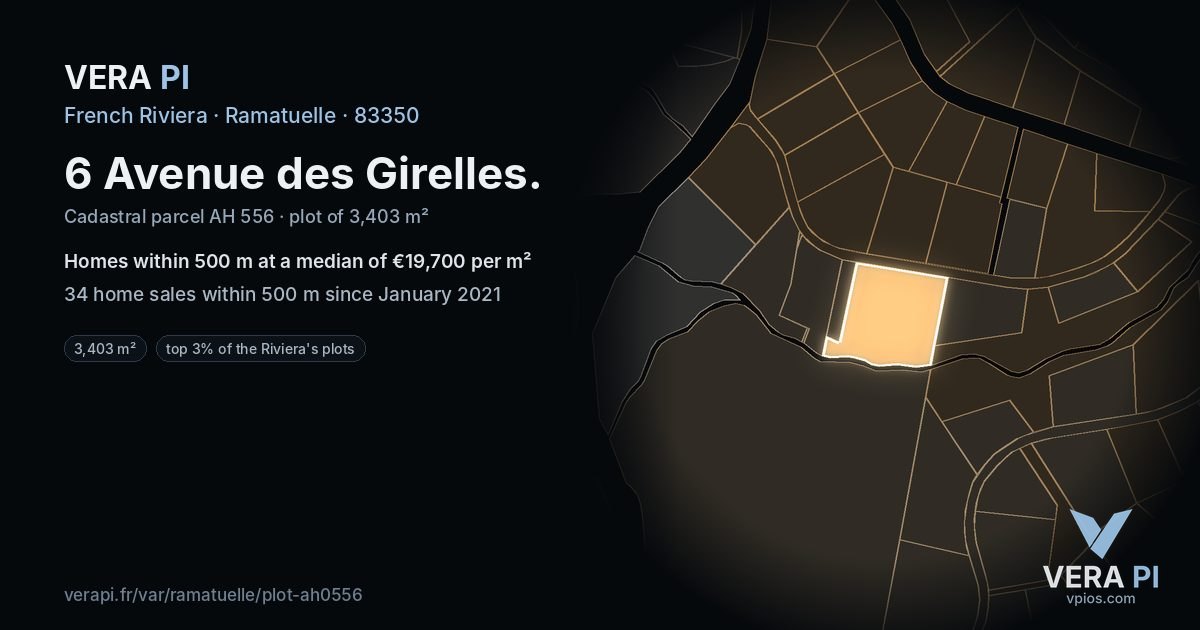 6 Avenue des Girelles, Ramatuelle at night – the plot lit, the parcels around coloured by the prices near them