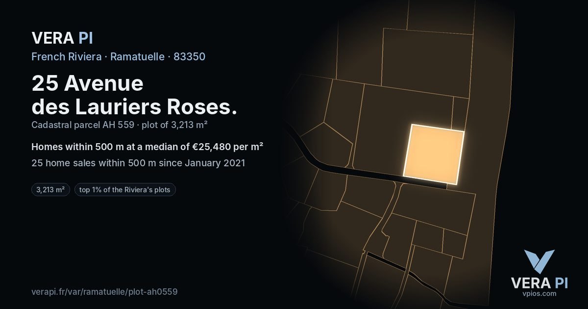 25 Avenue des Lauriers Roses, Ramatuelle at night – the plot lit, the parcels around coloured by the prices near them