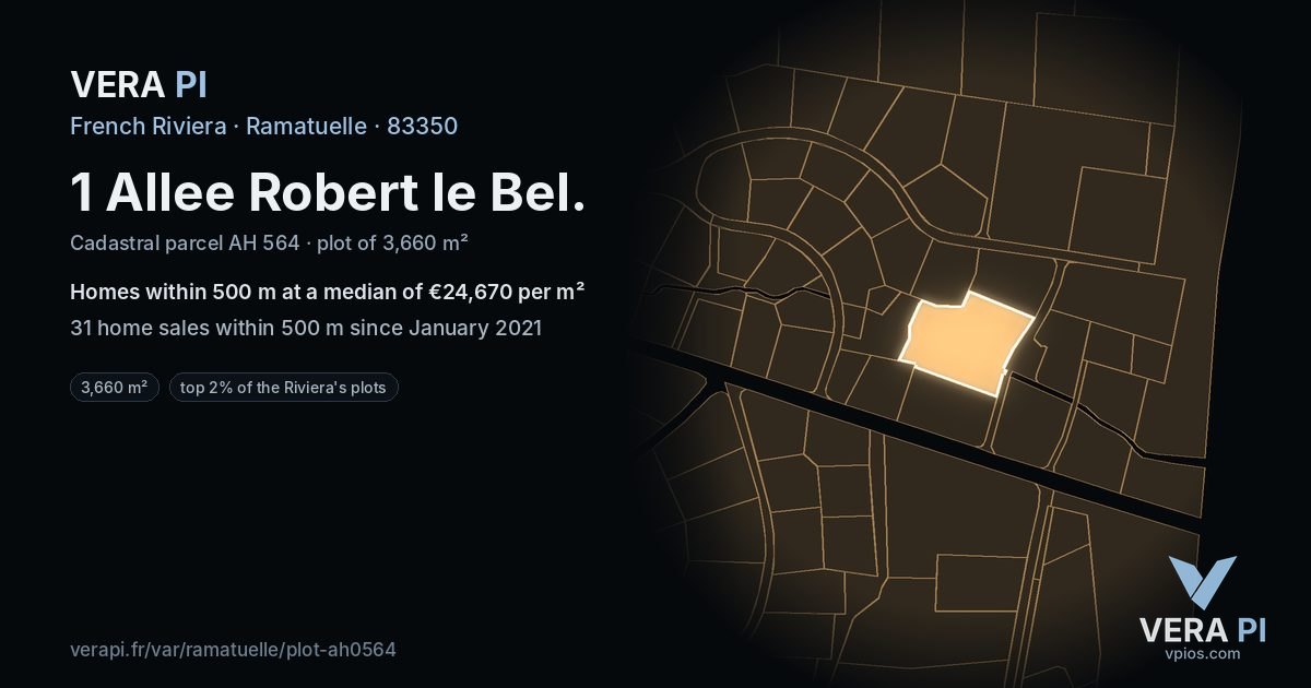 1 Allee Robert le Bel, Ramatuelle at night – the plot lit, the parcels around coloured by the prices near them