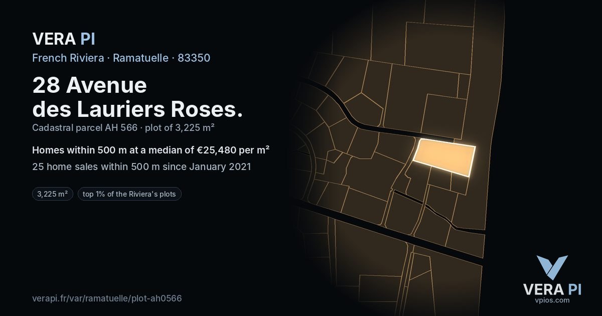 28 Avenue des Lauriers Roses, Ramatuelle at night – the plot lit, the parcels around coloured by the prices near them