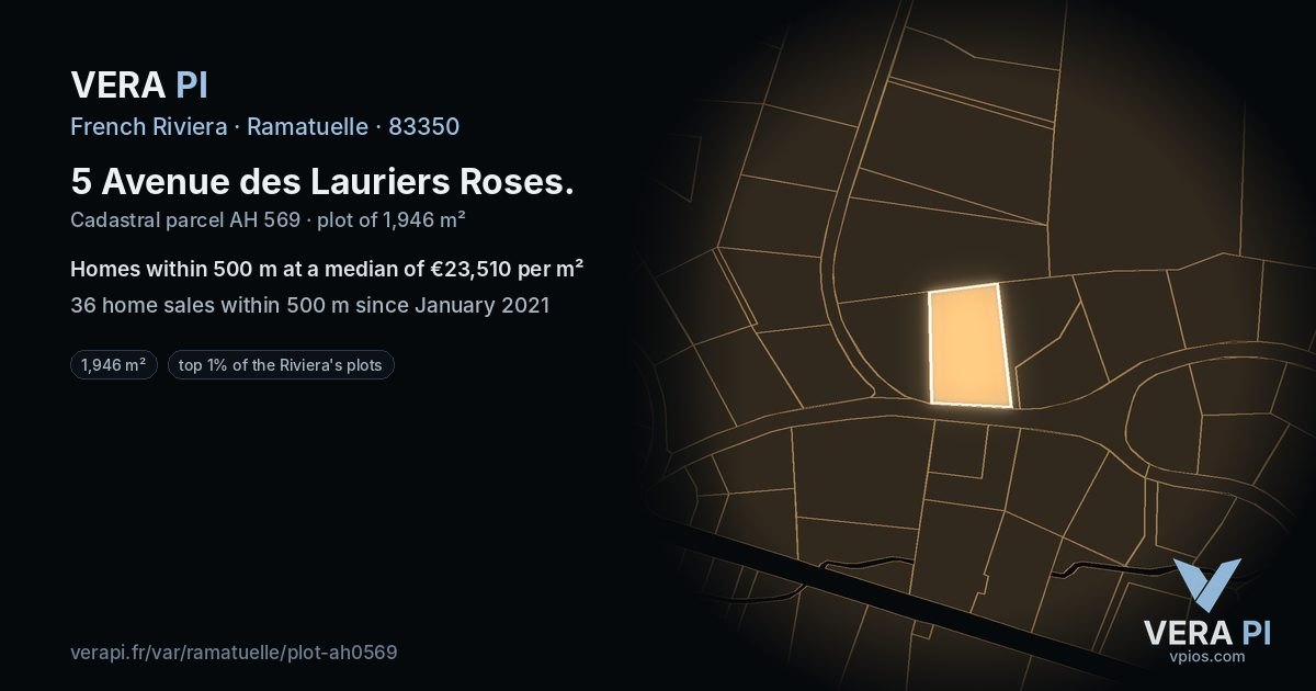 5 Avenue des Lauriers Roses, Ramatuelle at night – the plot lit, the parcels around coloured by the prices near them