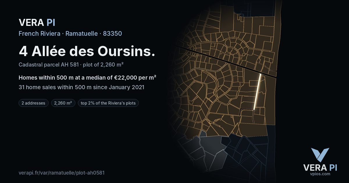 4 Allée des Oursins, Ramatuelle at night – the plot lit, the parcels around coloured by the prices near them