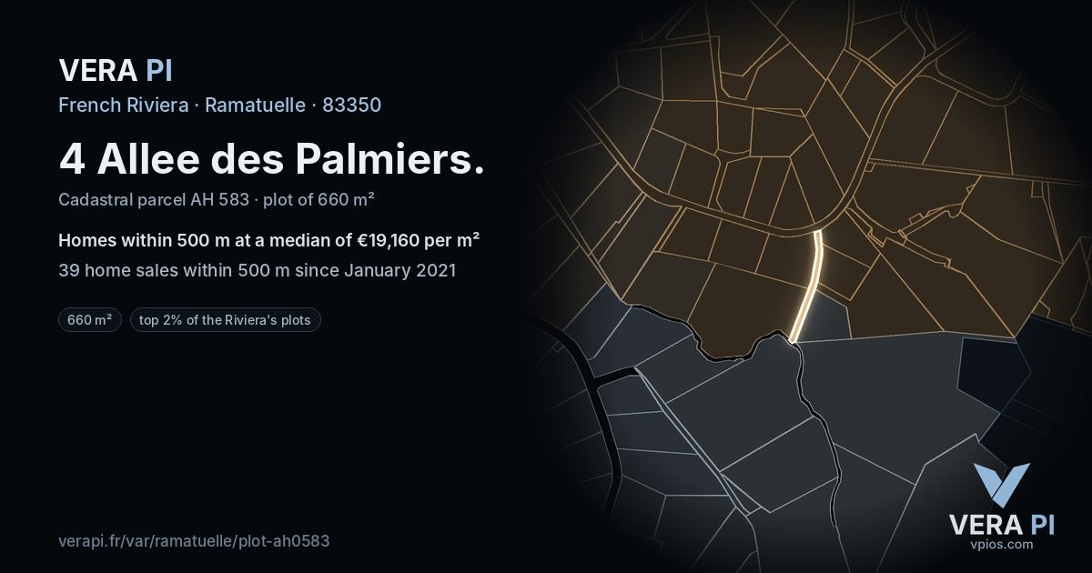 4 Allee des Palmiers, Ramatuelle at night – the plot lit, the parcels around coloured by the prices near them