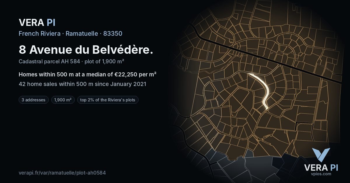 8 Avenue du Belvédère, Ramatuelle at night – the plot lit, the parcels around coloured by the prices near them