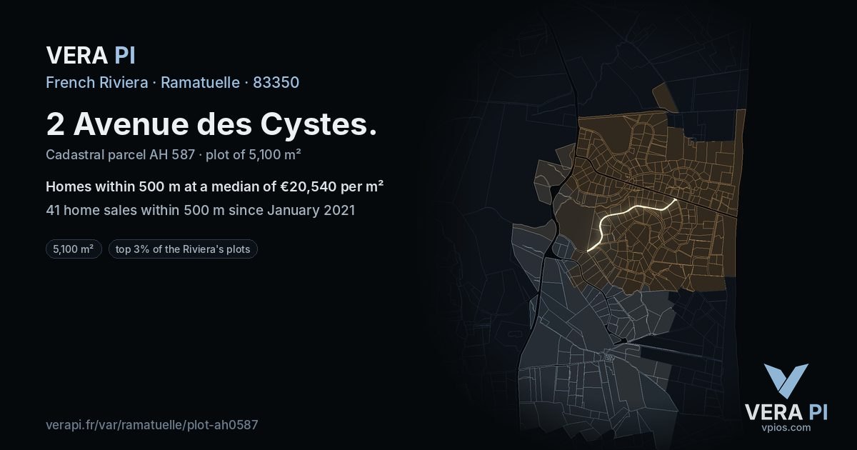2 Avenue des Cystes, Ramatuelle at night – the plot lit, the parcels around coloured by the prices near them