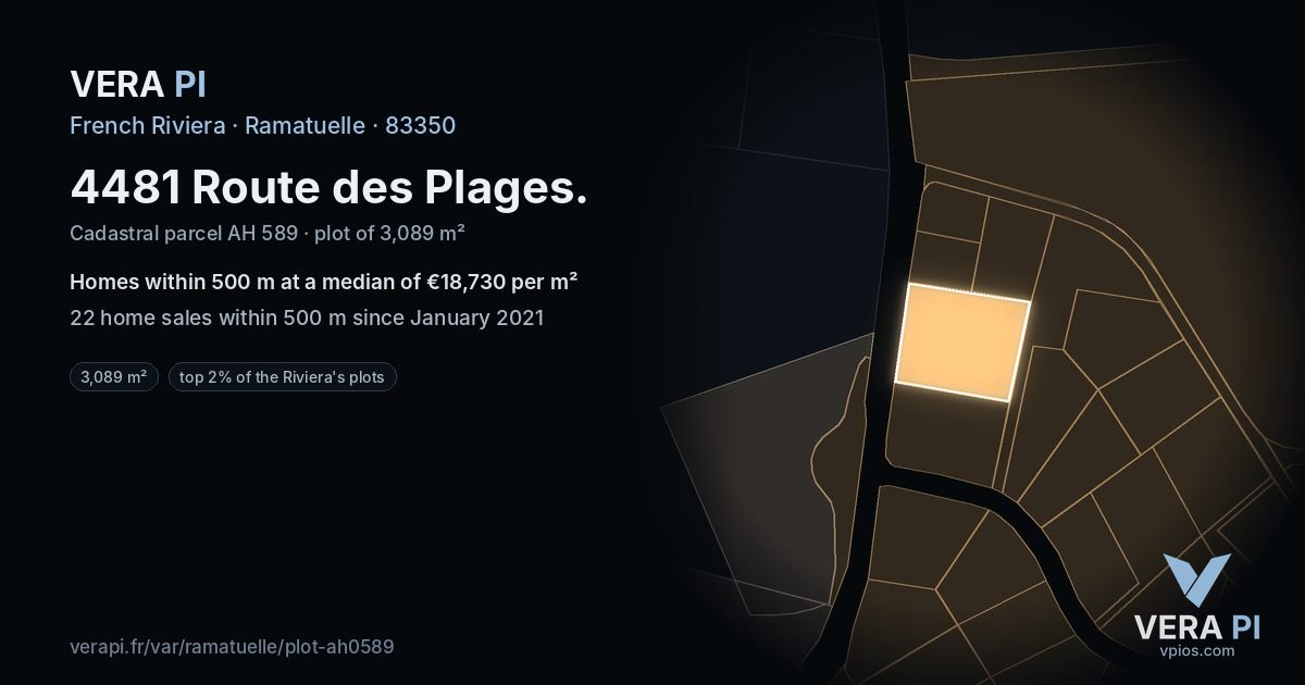 4481 Route des Plages, Ramatuelle at night – the plot lit, the parcels around coloured by the prices near them