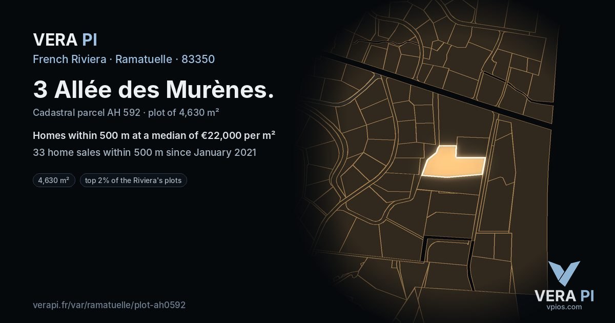 3 Allée des Murènes, Ramatuelle at night – the plot lit, the parcels around coloured by the prices near them