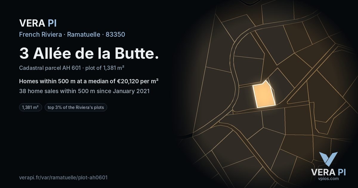 3 Allée de la Butte, Ramatuelle at night – the plot lit, the parcels around coloured by the prices near them