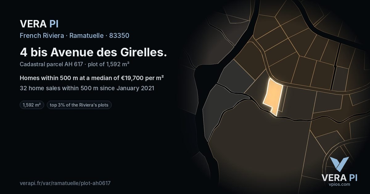 4 bis Avenue des Girelles, Ramatuelle at night – the plot lit, the parcels around coloured by the prices near them