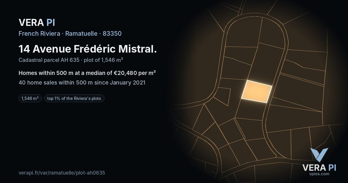 14 Avenue Frédéric Mistral, Ramatuelle at night – the plot lit, the parcels around coloured by the prices near them