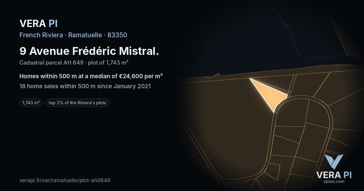 9 Avenue Frédéric Mistral, Ramatuelle at night – the plot lit, the parcels around coloured by the prices near them