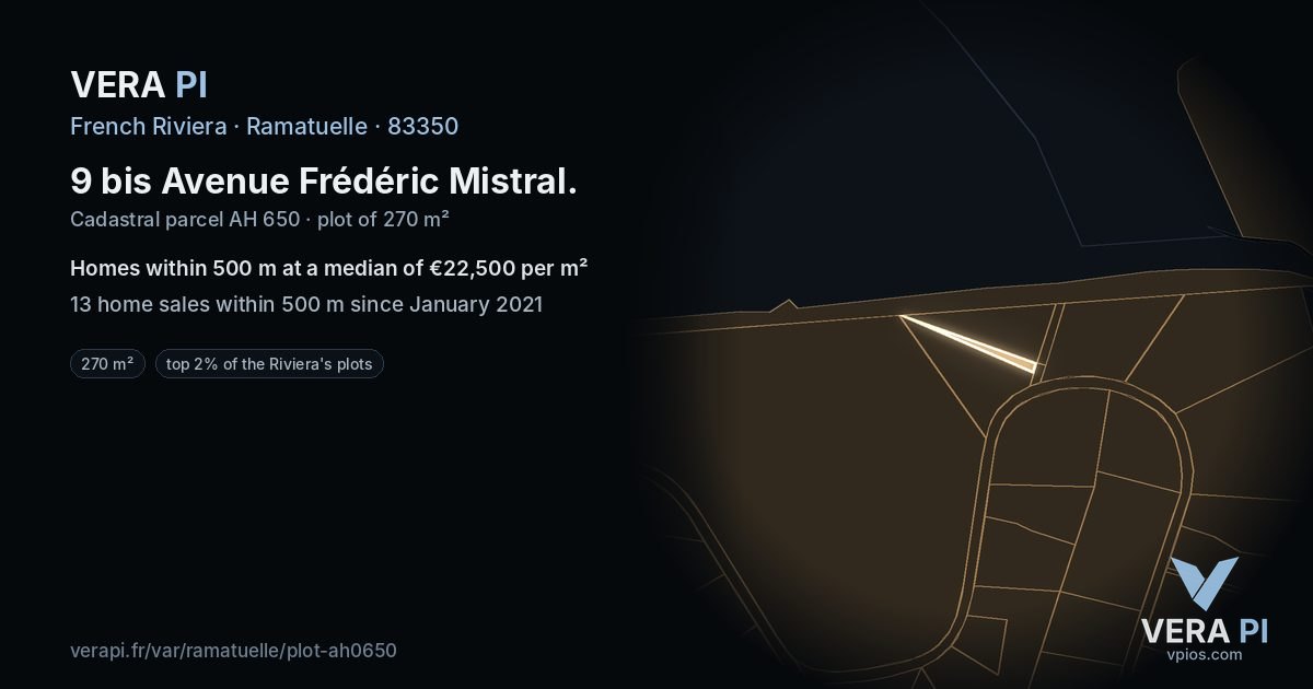 9 bis Avenue Frédéric Mistral, Ramatuelle at night – the plot lit, the parcels around coloured by the prices near them
