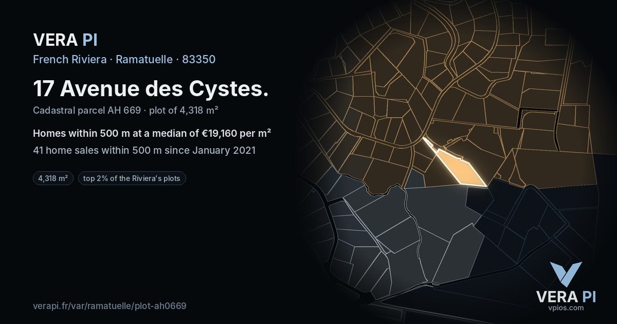 17 Avenue des Cystes, Ramatuelle at night – the plot lit, the parcels around coloured by the prices near them