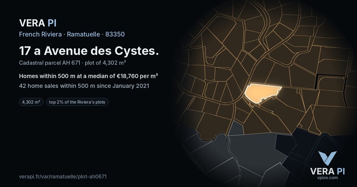 17 a Avenue des Cystes, Ramatuelle at night – the plot lit, the parcels around coloured by the prices near them