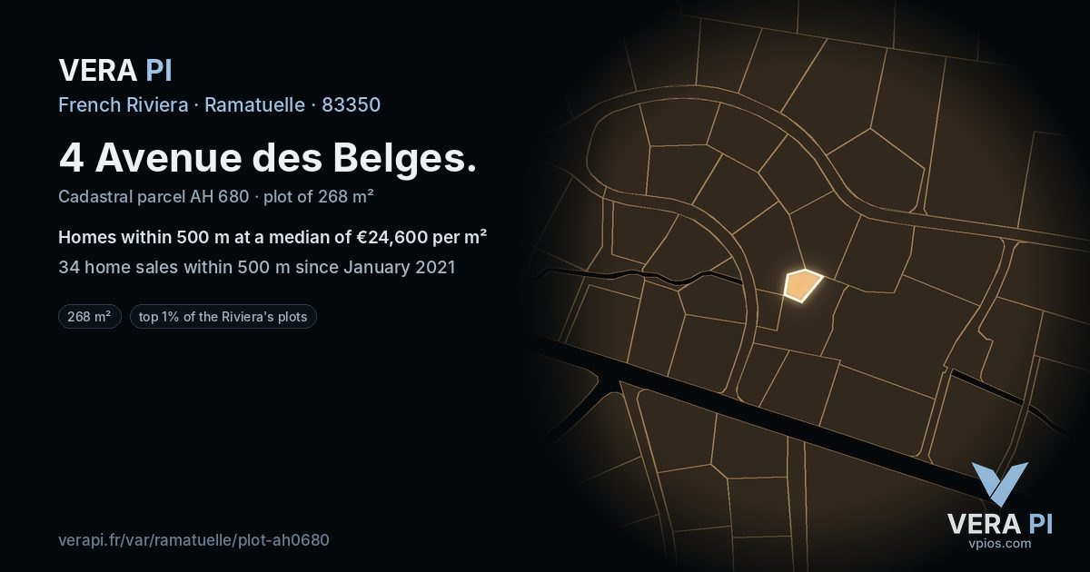 4 Avenue des Belges, Ramatuelle at night – the plot lit, the parcels around coloured by the prices near them