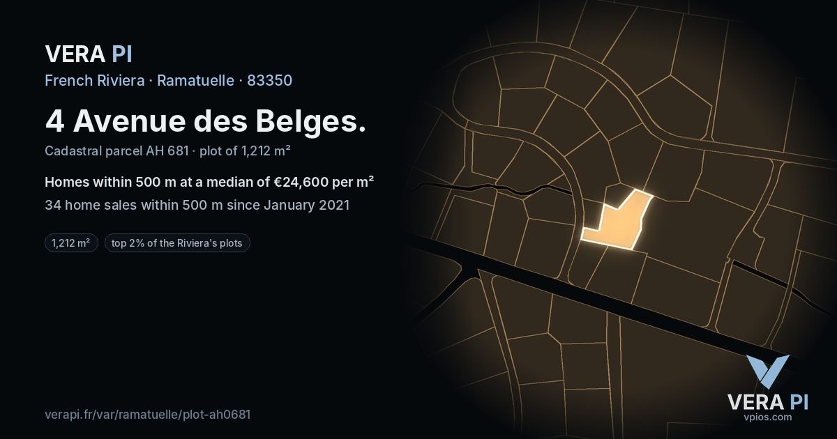 4 Avenue des Belges, Ramatuelle at night – the plot lit, the parcels around coloured by the prices near them