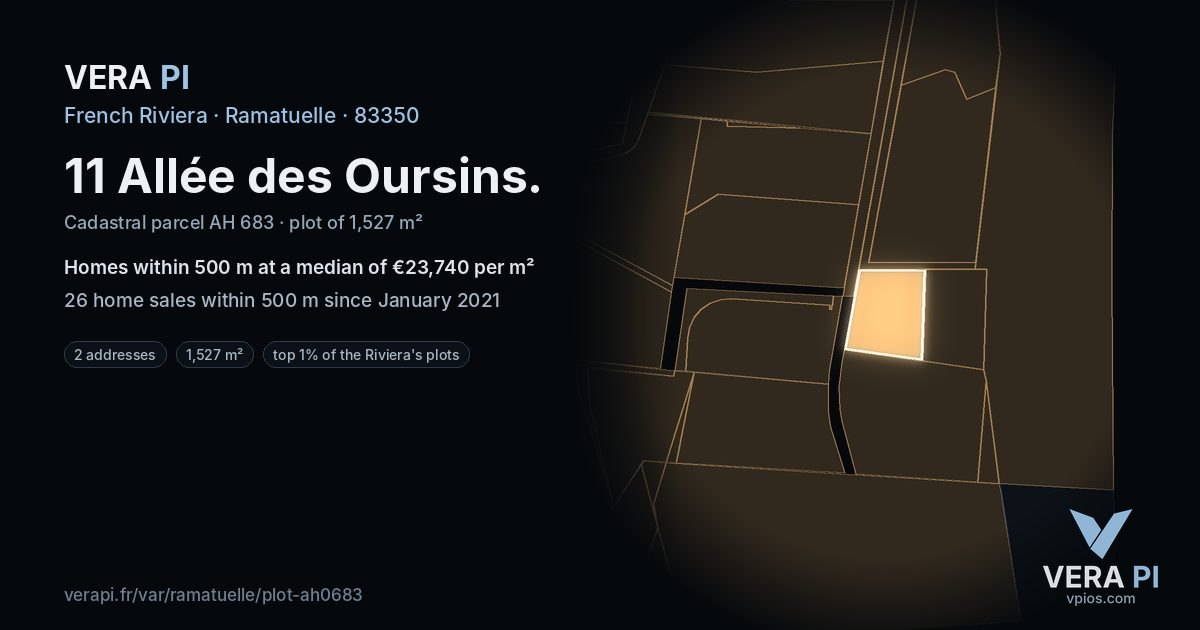 11 Allée des Oursins, Ramatuelle at night – the plot lit, the parcels around coloured by the prices near them