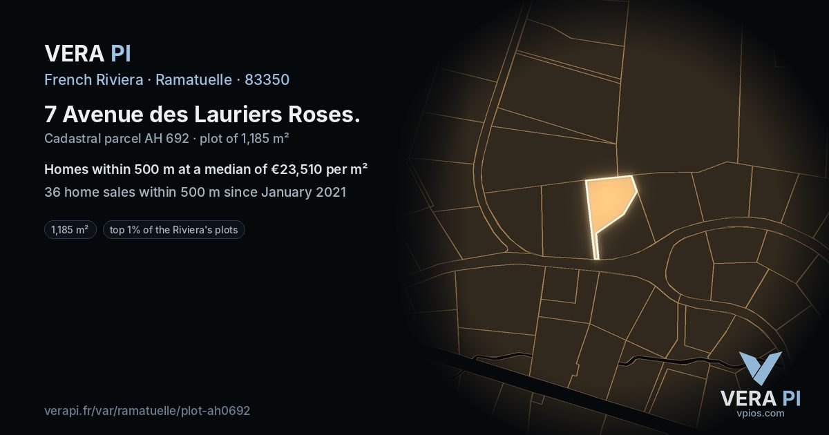 7 Avenue des Lauriers Roses, Ramatuelle at night – the plot lit, the parcels around coloured by the prices near them