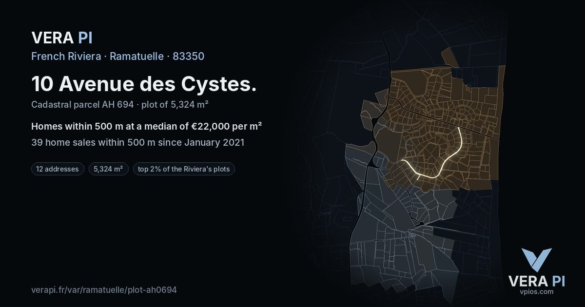 10 Avenue des Cystes, Ramatuelle at night – the plot lit, the parcels around coloured by the prices near them