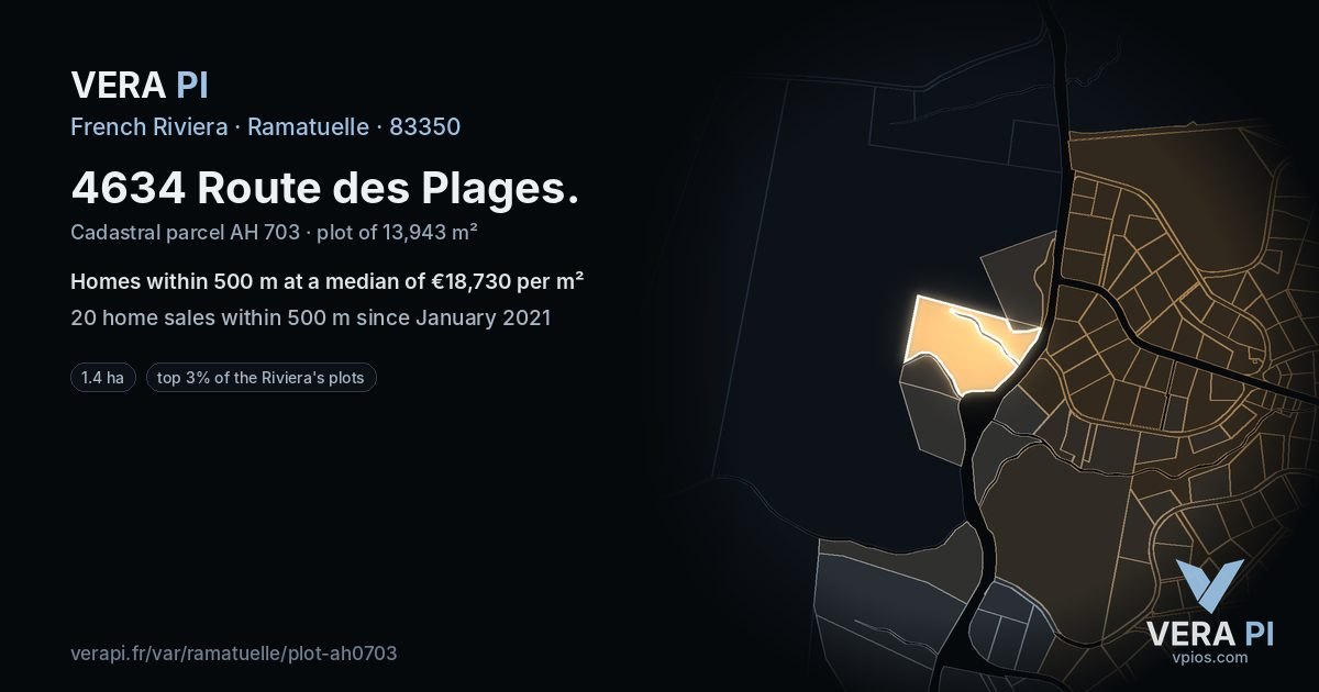 4634 Route des Plages, Ramatuelle at night – the plot lit, the parcels around coloured by the prices near them