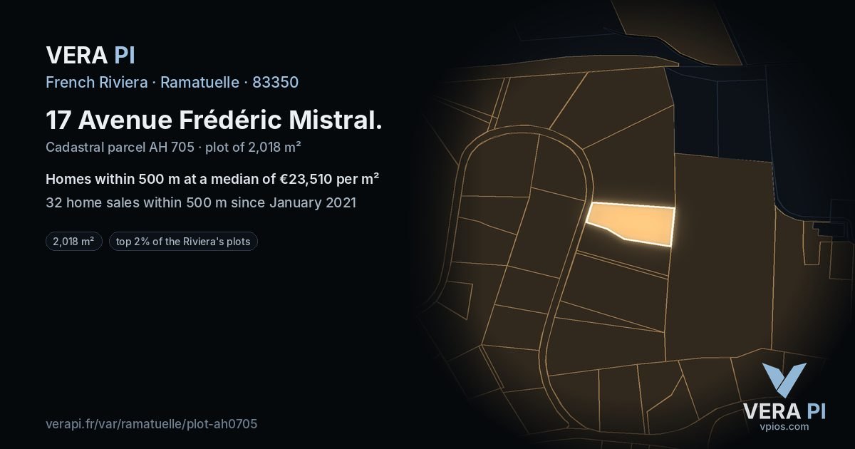 17 Avenue Frédéric Mistral, Ramatuelle at night – the plot lit, the parcels around coloured by the prices near them