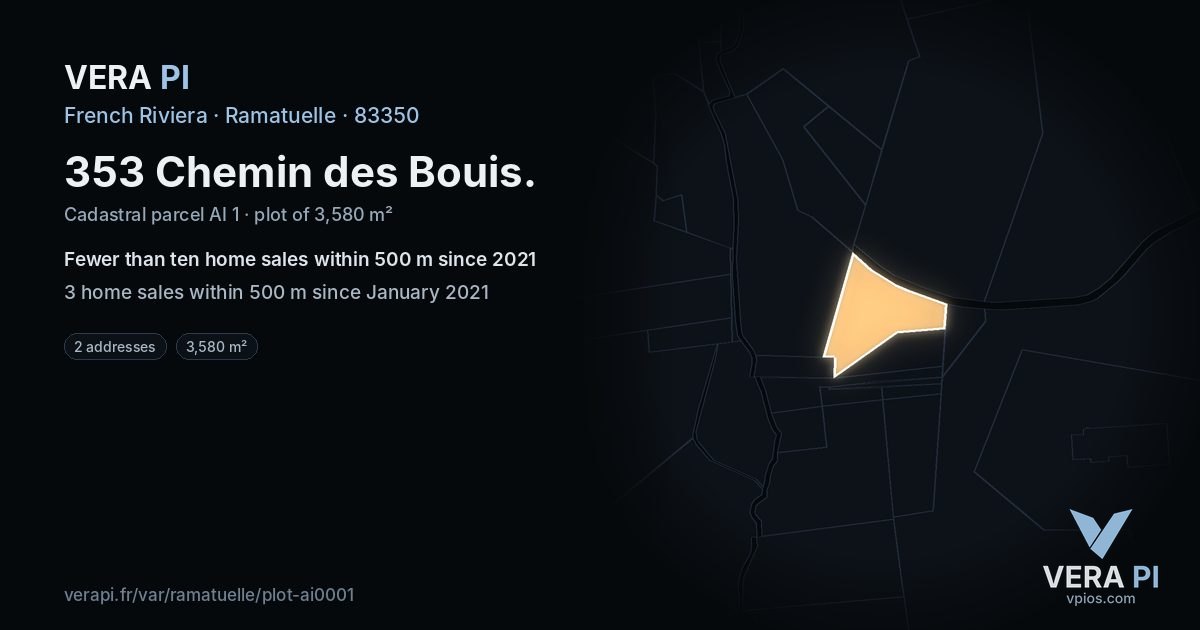 353 Chemin des Bouis, Ramatuelle at night – the plot lit, the parcels around coloured by the prices near them