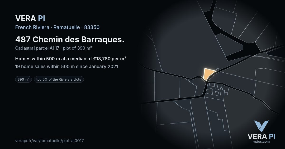 487 Chemin des Barraques, Ramatuelle at night – the plot lit, the parcels around coloured by the prices near them
