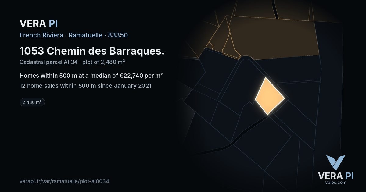 1053 Chemin des Barraques, Ramatuelle at night – the plot lit, the parcels around coloured by the prices near them