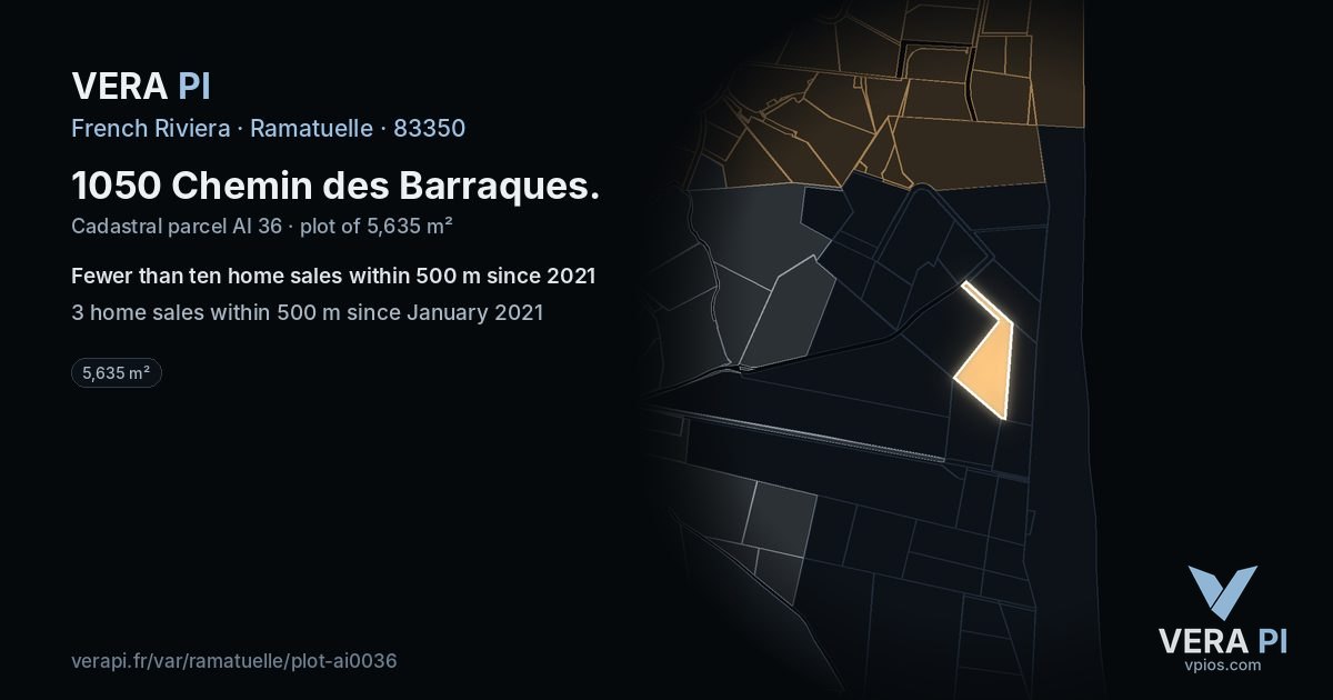 1050 Chemin des Barraques, Ramatuelle at night – the plot lit, the parcels around coloured by the prices near them