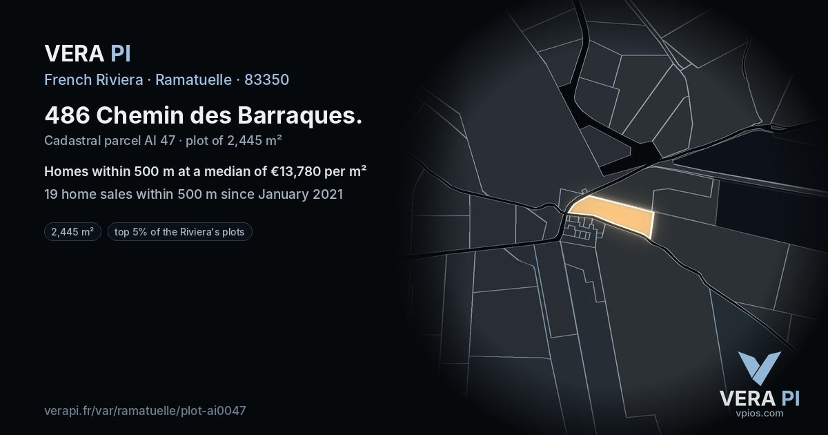 486 Chemin des Barraques, Ramatuelle at night – the plot lit, the parcels around coloured by the prices near them