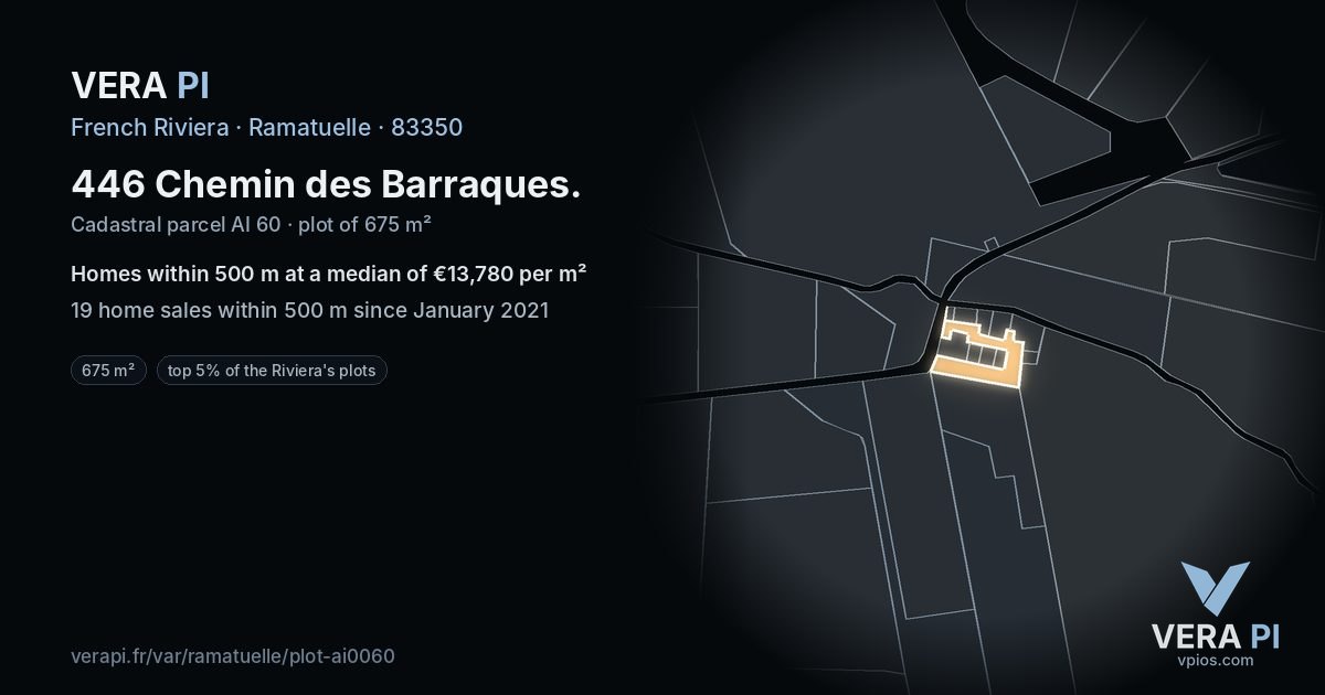 446 Chemin des Barraques, Ramatuelle at night – the plot lit, the parcels around coloured by the prices near them