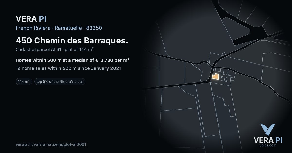 450 Chemin des Barraques, Ramatuelle at night – the plot lit, the parcels around coloured by the prices near them