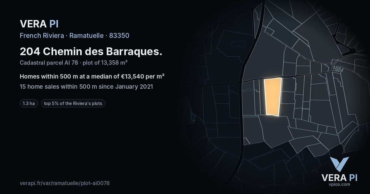 204 Chemin des Barraques, Ramatuelle at night – the plot lit, the parcels around coloured by the prices near them