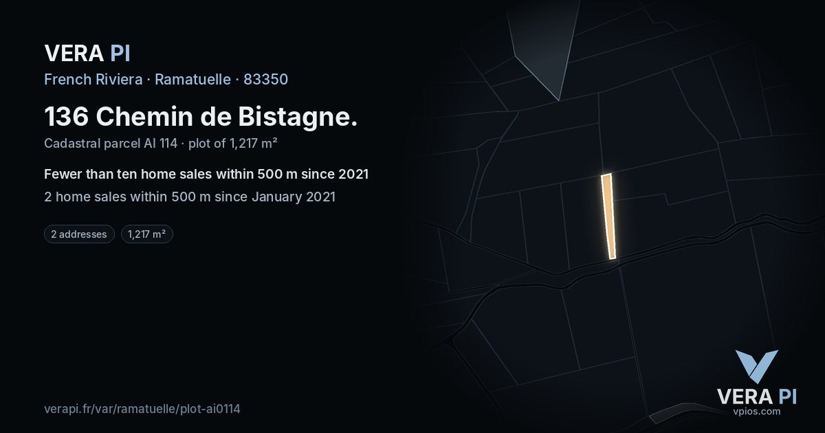 136 Chemin de Bistagne, Ramatuelle at night – the plot lit, the parcels around coloured by the prices near them