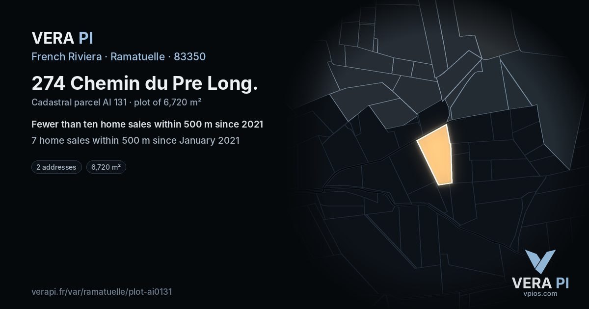 274 Chemin du Pre Long, Ramatuelle at night – the plot lit, the parcels around coloured by the prices near them